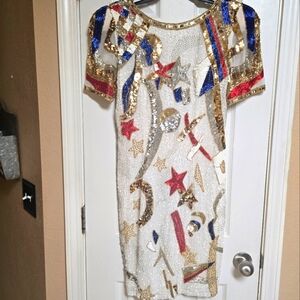 Vintage Niteline Sequin Beaded Red White Blue, Stars And Stripes Dress Size 8